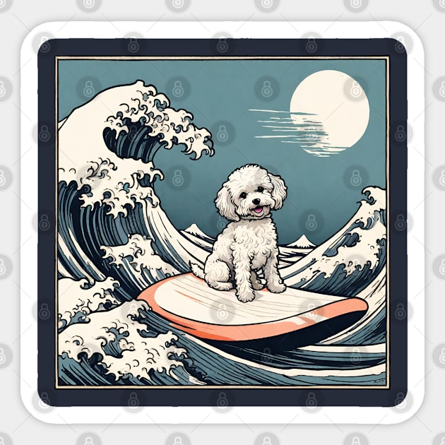 Funny Maltipoo Crusty White Dog Surfing in The Great Wave Cute Maltese Shih Tzu Dog Mom Sticker by wigobun